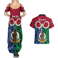 Personalised Vanuatu Shefa Province Couples Matching Summer Maxi Dress and Hawaiian Shirt Pig Tusk Mix Maori Pattern and Namele Leaf LT03 - Polynesian Pride