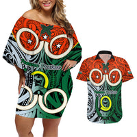 Vanuatu Penama Province Couples Matching Off Shoulder Short Dress and Hawaiian Shirt Pig Tusk Mix Maori Pattern and Namele Leaf LT03 Orange - Polynesian Pride