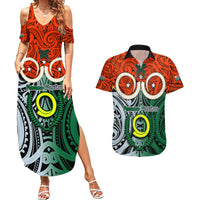 Vanuatu Penama Province Couples Matching Summer Maxi Dress and Hawaiian Shirt Pig Tusk Mix Maori Pattern and Namele Leaf LT03 Orange - Polynesian Pride