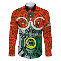 Vanuatu Penama Province Family Matching Long Sleeve Bodycon Dress and Hawaiian Shirt Pig Tusk Mix Maori Pattern and Namele Leaf LT03 Dad's Shirt - Long Sleeve Orange - Polynesian Pride