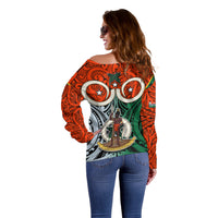 Vanuatu Penama Province Off Shoulder Sweater Pig Tusk Mix Maori Pattern and Namele Leaf LT03 - Polynesian Pride