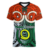Vanuatu Penama Province Women V Neck T Shirt Pig Tusk Mix Maori Pattern and Namele Leaf LT03 Female Orange - Polynesian Pride