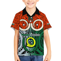 Personalised Vanuatu Penama Province Family Matching Summer Maxi Dress and Hawaiian Shirt Pig Tusk Mix Maori Pattern and Namele Leaf LT03 Son's Shirt Orange - Polynesian Pride