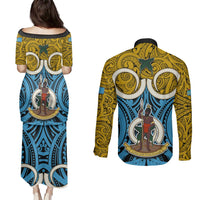 Vanuatu Sanma Province Couples Matching Puletasi Dress and Long Sleeve Button Shirts Pig Tusk Mix Maori Pattern and Namele Leaf LT03 - Polynesian Pride