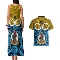 Vanuatu Sanma Province Couples Matching Tank Maxi Dress and Hawaiian Shirt Pig Tusk Mix Maori Pattern and Namele Leaf LT03 - Polynesian Pride