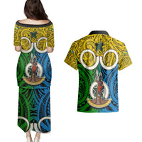 Vanuatu Malampa Province Couples Matching Puletasi Dress and Hawaiian Shirt Pig Tusk Mix Maori Pattern and Namele Leaf LT03 - Polynesian Pride