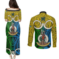 Vanuatu Malampa Province Couples Matching Puletasi Dress and Long Sleeve Button Shirts Pig Tusk Mix Maori Pattern and Namele Leaf LT03 - Polynesian Pride