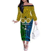 Vanuatu Malampa Province Family Matching Off Shoulder Long Sleeve Dress and Hawaiian Shirt Pig Tusk Mix Maori Pattern and Namele Leaf LT03 Mom's Dress Yellow - Polynesian Pride