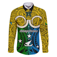 Vanuatu Malampa Province Family Matching Off Shoulder Short Dress and Hawaiian Shirt Pig Tusk Mix Maori Pattern and Namele Leaf LT03 Dad's Shirt - Long Sleeve Yellow - Polynesian Pride
