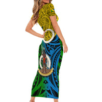 Vanuatu Malampa Province Short Sleeve Bodycon Dress Pig Tusk Mix Maori Pattern and Namele Leaf LT03 - Polynesian Pride