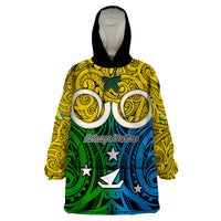 Vanuatu Malampa Province Wearable Blanket Hoodie Pig Tusk Mix Maori Pattern and Namele Leaf LT03 One Size Yellow - Polynesian Pride