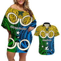 Personalised Vanuatu Malampa Province Couples Matching Off Shoulder Short Dress and Hawaiian Shirt Pig Tusk Mix Maori Pattern and Namele Leaf LT03 Yellow - Polynesian Pride