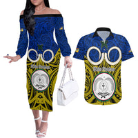 Vanuatu Torba Province Couples Matching Off The Shoulder Long Sleeve Dress and Hawaiian Shirt Pig Tusk Mix Maori Pattern and Namele Leaf LT03 Blue - Polynesian Pride