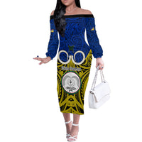 Vanuatu Torba Province Off The Shoulder Long Sleeve Dress Pig Tusk Mix Maori Pattern and Namele Leaf LT03 Women Blue - Polynesian Pride