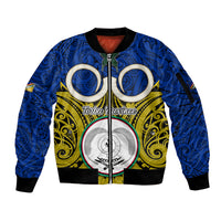 Vanuatu Torba Province Sleeve Zip Bomber Jacket Pig Tusk Mix Maori Pattern and Namele Leaf LT03 Unisex Blue - Polynesian Pride