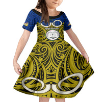 Personalised Vanuatu Torba Province Family Matching Summer Maxi Dress and Hawaiian Shirt Pig Tusk Mix Maori Pattern and Namele Leaf LT03 Daughter's Dress Blue - Polynesian Pride