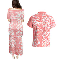 Hawaii Kauai Island Couples Matching Puletasi Dress and Hawaiian Shirt Hibiscus Pattern Seamless Tribal Simple Pink Pastel LT03 - Polynesian Pride