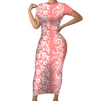 Hawaii Kauai Island Family Matching Short Sleeve Bodycon Dress and Hawaiian Shirt Hibiscus Pattern Seamless Tribal Simple Pink Pastel LT03 Mom's Dress Pink - Polynesian Pride