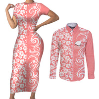 Custom Hawaii Kauai Island Couples Matching Short Sleeve Bodycon Dress and Long Sleeve Button Shirts Hibiscus Pattern Seamless Tribal Simple Pink Pastel LT03 Pink - Polynesian Pride
