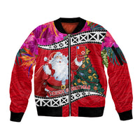 Custom Wallis and Futuna Christmas Sleeve Zip Bomber Jacket Santa Claus Holding Coat of Arms Polynesian Xmas Style LT03 Unisex Red - Polynesian Pride