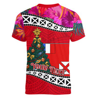 Custom Wallis and Futuna Christmas Women V Neck T Shirt Santa Claus Holding Coat of Arms Polynesian Xmas Style LT03 - Polynesian Pride