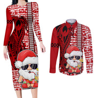 Mele Kalikimaka Hawaii Christmas Couples Matching Long Sleeve Bodycon Dress and Long Sleeve Button Shirt Santa Claus Kakau Tribal Mix Polynesia Tattoo LT03 Red - Polynesian Pride