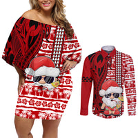Mele Kalikimaka Hawaii Christmas Couples Matching Off Shoulder Short Dress and Long Sleeve Button Shirt Santa Claus Kakau Tribal Mix Polynesia Tattoo LT03 Red - Polynesian Pride