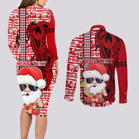 Custom Mele Kalikimaka Hawaii Christmas Couples Matching Long Sleeve Bodycon Dress and Long Sleeve Button Shirt Santa Claus Kakau Tribal Mix Polynesia Tattoo LT03 - Polynesian Pride