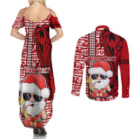 Custom Mele Kalikimaka Hawaii Christmas Couples Matching Summer Maxi Dress and Long Sleeve Button Shirt Santa Claus Kakau Tribal Mix Polynesia Tattoo LT03 - Polynesian Pride