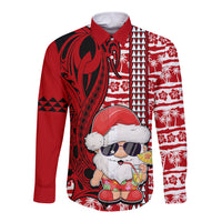 Custom Mele Kalikimaka Hawaii Christmas Long Sleeve Button Shirt Santa Claus Kakau Tribal Mix Polynesia Tattoo LT03 Unisex Red - Polynesian Pride