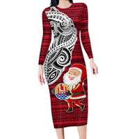 French Polynesia Christmas Long Sleeve Bodycon Dress Santa Hold Seal with Polynesian Tribal Tattoo LT03 Long Dress Red - Polynesian Pride