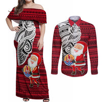 Custom French Polynesia Christmas Couples Matching Off Shoulder Maxi Dress and Long Sleeve Button Shirt Santa Hold Seal with Polynesian Tribal Tattoo LT03 Red - Polynesian Pride