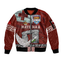 Mate Ma'a Tonga Sleeve Zip Bomber Jacket Haamonga a Maui and White Dove - Tongan Kupesi Ngatu LT03 Unisex Red - Polynesian Pride