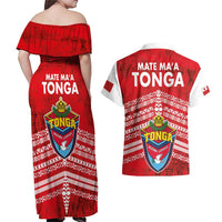 Mate Ma'a Tonga Couples Matching Off Shoulder Maxi Dress and Hawaiian Shirt Douple White Dove and Kupesi Ngatu Art Tattoo
