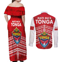 Mate Ma'a Tonga Couples Matching Off Shoulder Maxi Dress and Long Sleeve Button Shirt Douple White Dove and Kupesi Ngatu Art Tattoo