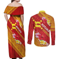 Rotuma Island Couples Matching Off Shoulder Maxi Dress and Long Sleeve Button Shirt Fijian Tapa with Polynesian Art and Hibiscus