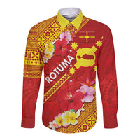 Rotuma Island Long Sleeve Button Shirt Fijian Tapa with Polynesian Art and Hibiscus LT03 Unisex Red - Polynesian Pride