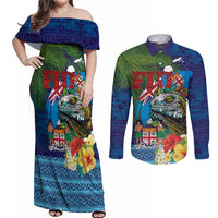 Fiji Iguana-Coat of Arms Couples Matching Off Shoulder Maxi Dress and Long Sleeve Button Shirt with Hibiscus and Plumeria Palm Tree Tapa Art