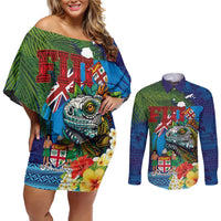 Fiji Iguana-Coat of Arms Couples Matching Off Shoulder Short Dress and Long Sleeve Button Shirt with Hibiscus and Plumeria Palm Tree Tapa Art