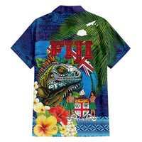 Fiji Iguana-Coat of Arms Family Matching Long Sleeve Bodycon Dress and Hawaiian Shirt with Hibiscus and Plumeria Palm Tree Tapa Art