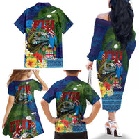 Fiji Iguana-Coat of Arms Family Matching Off The Shoulder Long Sleeve Dress and Hawaiian Shirt with Hibiscus and Plumeria Palm Tree Tapa Art