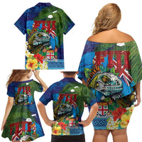 Fiji Iguana-Coat of Arms Family Matching Off Shoulder Short Dress and Hawaiian Shirt with Hibiscus and Plumeria Palm Tree Tapa Art