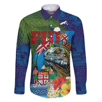 Fiji Iguana-Coat of Arms Family Matching Summer Maxi Dress and Hawaiian Shirt with Hibiscus and Plumeria Palm Tree Tapa Art