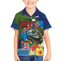 Fiji Iguana-Coat of Arms Hawaiian Shirt with Hibiscus and Plumeria Palm Tree Tapa Art