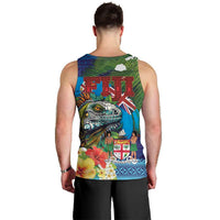 Fiji Iguana-Coat of Arms Men Tank Top with Hibiscus and Plumeria Palm Tree Tapa Art