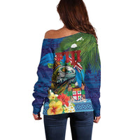 Fiji Iguana-Coat of Arms Off Shoulder Sweater with Hibiscus and Plumeria Palm Tree Tapa Art