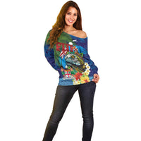 Fiji Iguana-Coat of Arms Off Shoulder Sweater with Hibiscus and Plumeria Palm Tree Tapa Art