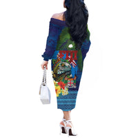 Fiji Iguana-Coat of Arms Off The Shoulder Long Sleeve Dress with Hibiscus and Plumeria Palm Tree Tapa Art