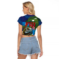 Fiji Iguana-Coat of Arms Raglan Cropped T Shirt with Hibiscus and Plumeria Palm Tree Tapa Art