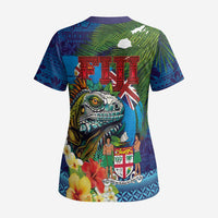 Fiji Iguana-Coat of Arms Scrub Top with Hibiscus and Plumeria Palm Tree Tapa Art - Polynesian Pride